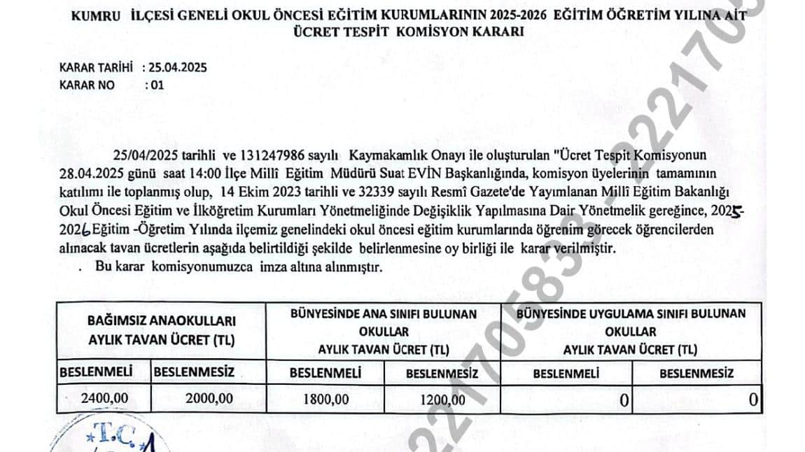 Okul Öncesi-Anasınıfı Katkı Payı Ücreti 2025-2026